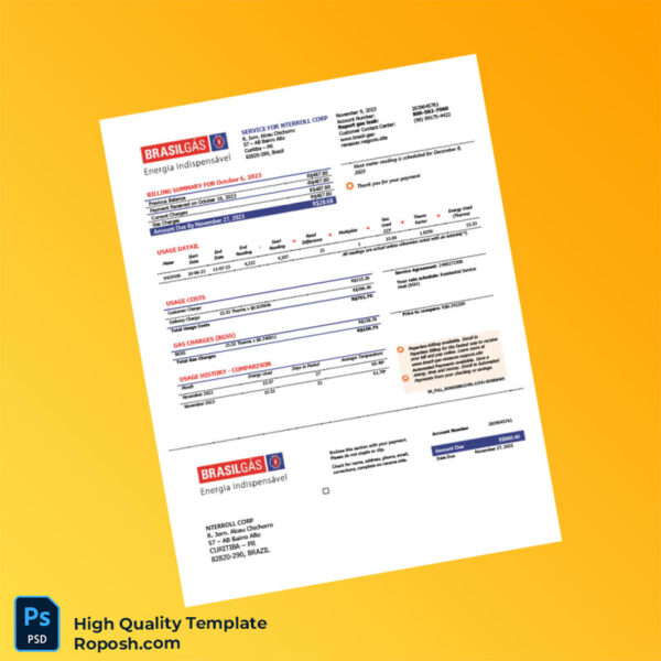 Brazil BRASILGÁS Editable Gas Bill Template in Word and PDF formats