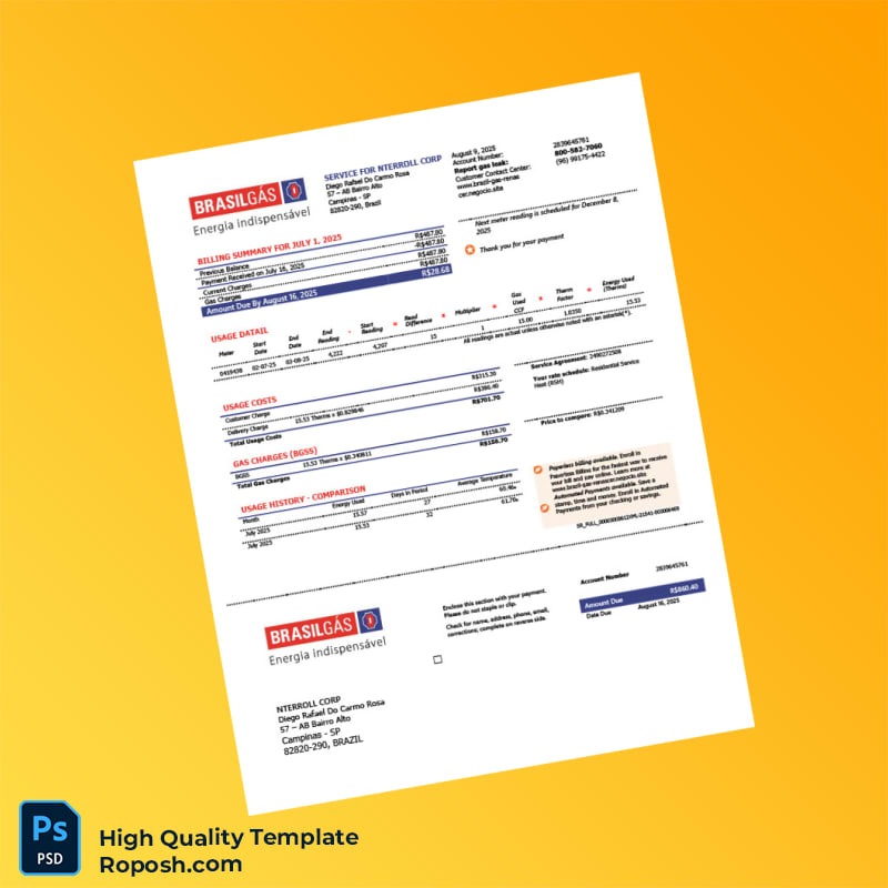 Brazil Brasiltgas Editable Gas Bill Template in Word and PDF formats Brazil Brasiltgas Editable Gas Bill Template in Word and PDF formats