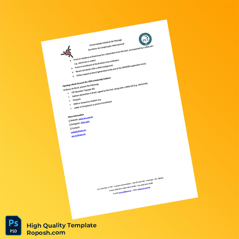 Brazil Universidade Estadual de Maringá Editable Inbound Mobility Document Template in Word and PDF formats 2 page Brazil Universidade Estadual de Maringá Editable Inbound Mobility Document Template in Word and PDF formats 2 page