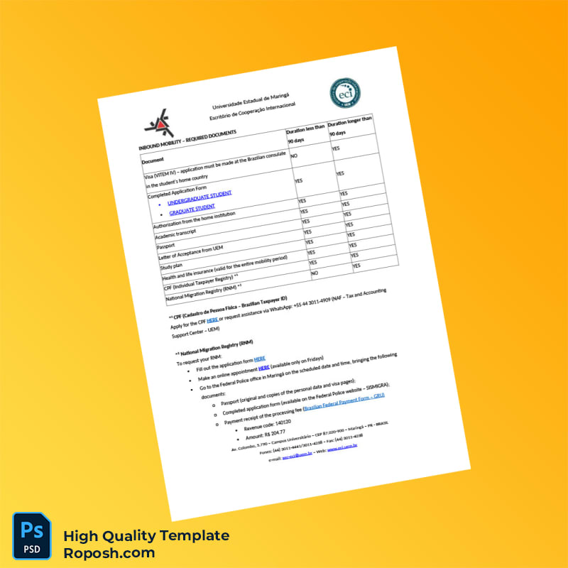 Brazil Universidade Estadual de Maringá Editable Inbound Mobility Document Template in Word and PDF formats 2 page Brazil Universidade Estadual de Maringá Editable Inbound Mobility Document Template in Word and PDF formats 2 page