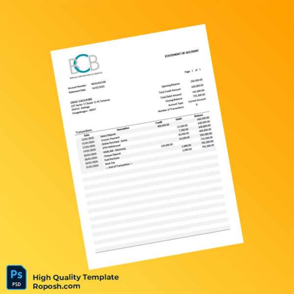 Burkina Faso Banque Commerciale du Burkina Editable Bank Statement Template in Word and PDF formats