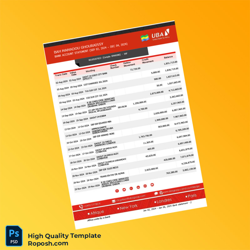 Cameroon UBA Bank Statement Template in Word and PDF formats 3 page Cameroon UBA Bank Statement Template in Word and PDF formats 3 page