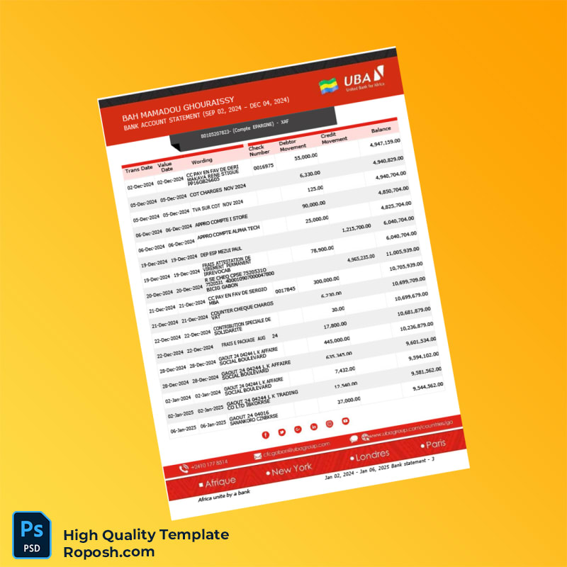 Cameroon UBA Bank Statement Template in Word and PDF formats 3 page Cameroon UBA Bank Statement Template in Word and PDF formats 3 page