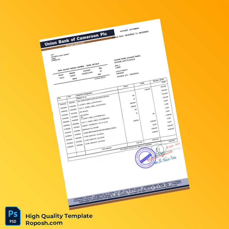 Cameroon Union Bank of Cameroon Plc Bank Statement Template in Word and PDF formats 2 page Cameroon Union Bank of Cameroon Plc Bank Statement Template in Word and PDF formats 2 page