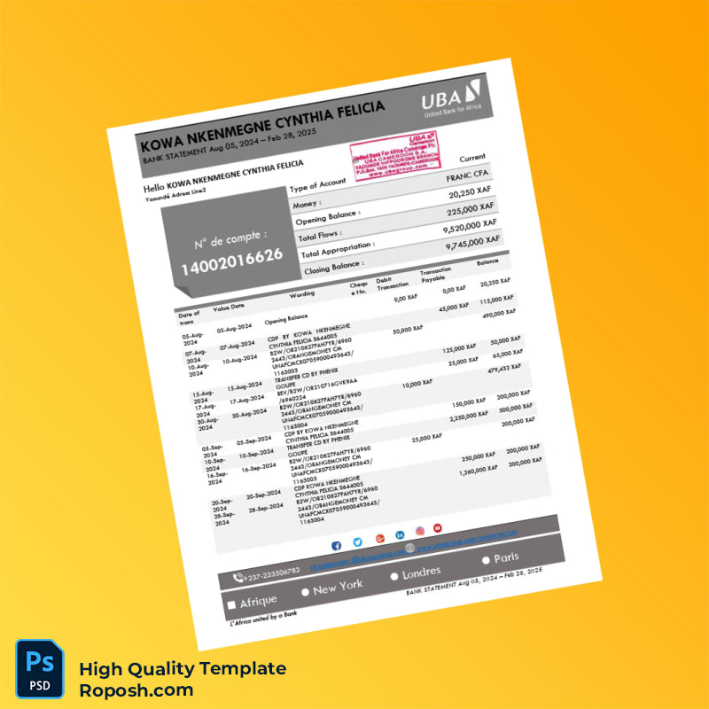 Cameroon United Bank for Africa Bank Statement Template in Word and PDF formats 3 page Cameroon United Bank for Africa Bank Statement Template in Word and PDF formats 3 page