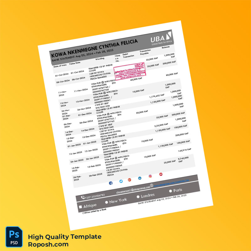 Cameroon United Bank for Africa Bank Statement Template in Word and PDF formats 3 page Cameroon United Bank for Africa Bank Statement Template in Word and PDF formats 3 page