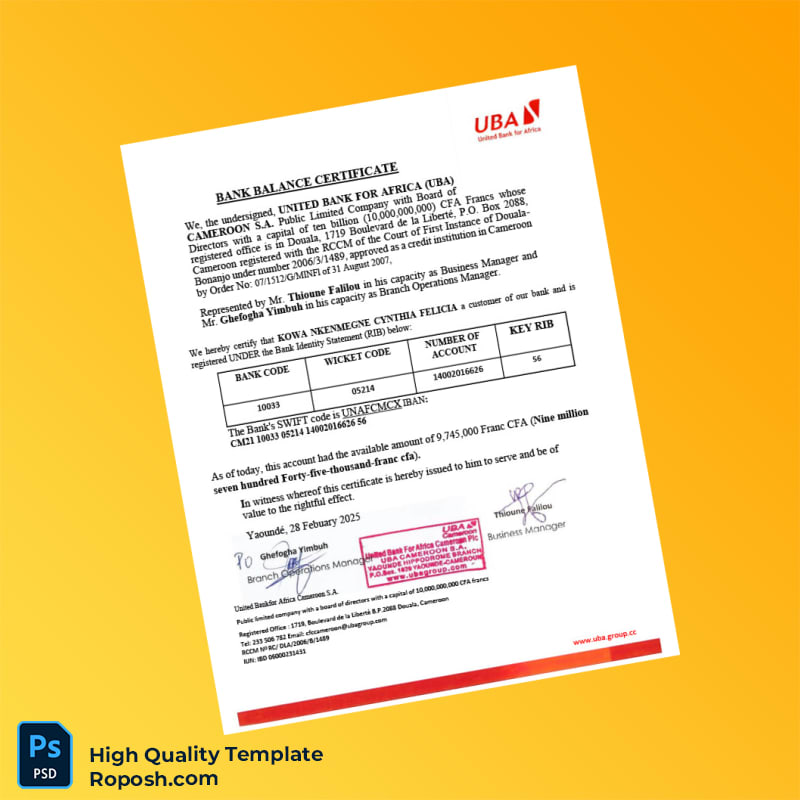 Cameroon United Bank for Africa Bank Statement Template in Word and PDF formats 3 page Cameroon United Bank for Africa Bank Statement Template in Word and PDF formats 3 page