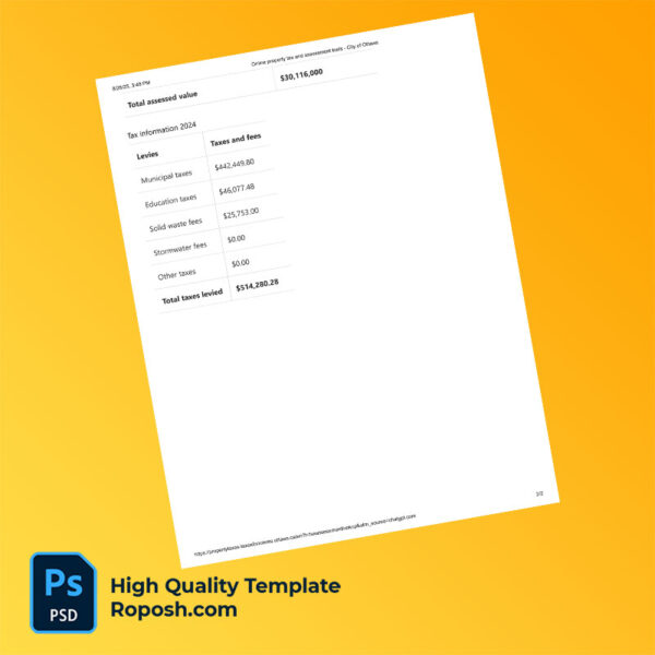 Canada City of Ottawa Editable Property Tax Bill Template in Word and PDF formats