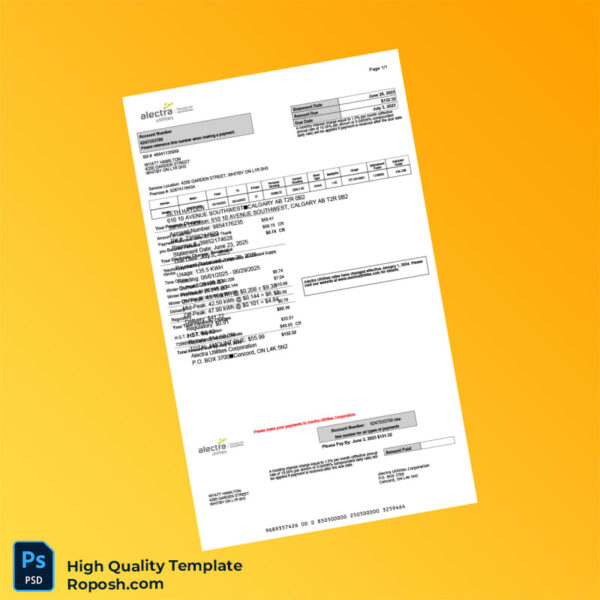 Canada Alectra Utilities Editable Utility Bill Template in Word and PDF formats