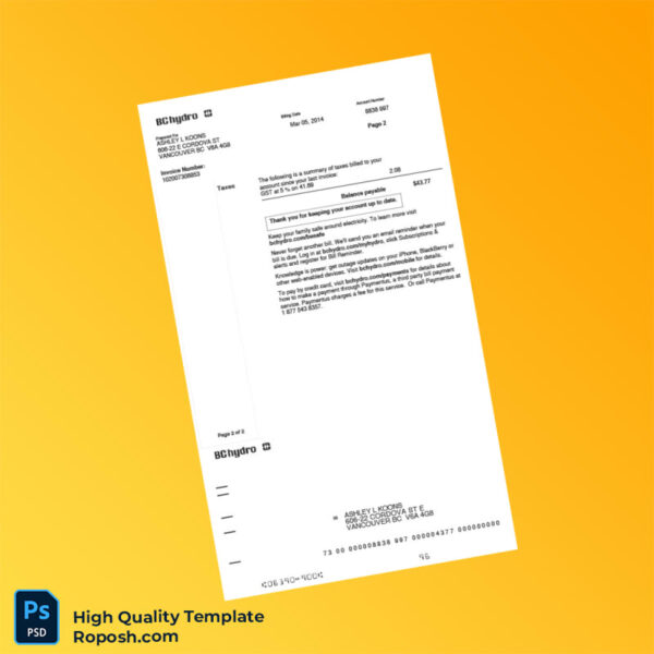 Canada BC Hydro Editable Utility Bill Template in Word and PDF formats 2 page