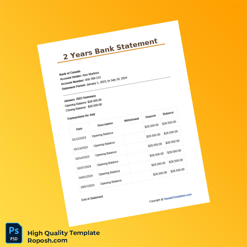 Canada Bank of Canada Bank Statement Template in Word and PDF formats 2 page Canada Bank of Canada Bank Statement Template in Word and PDF formats 2 page
