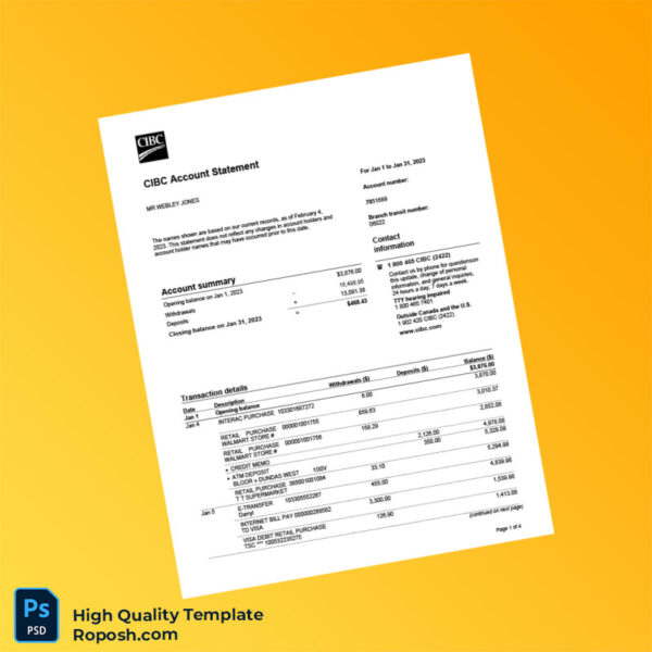 Canada CIBC Account Statement Template in Word and PDF formats 4 page