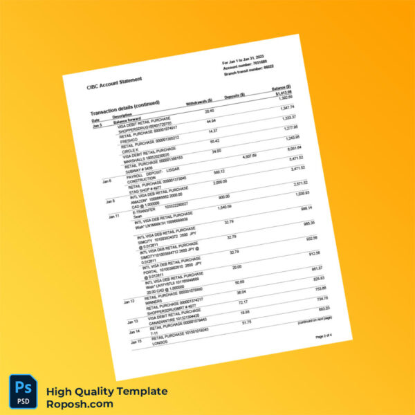 Canada CIBC Account Statement Template in Word and PDF formats 4 page