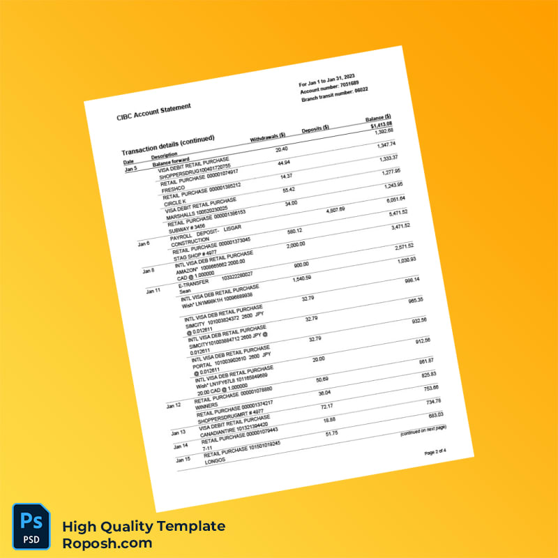 Canada CIBC Account Statement Template in Word and PDF formats 4 page Canada CIBC Account Statement Template in Word and PDF formats 4 page