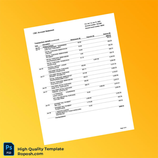 Canada CIBC Account Statement Template in Word and PDF formats 4 page
