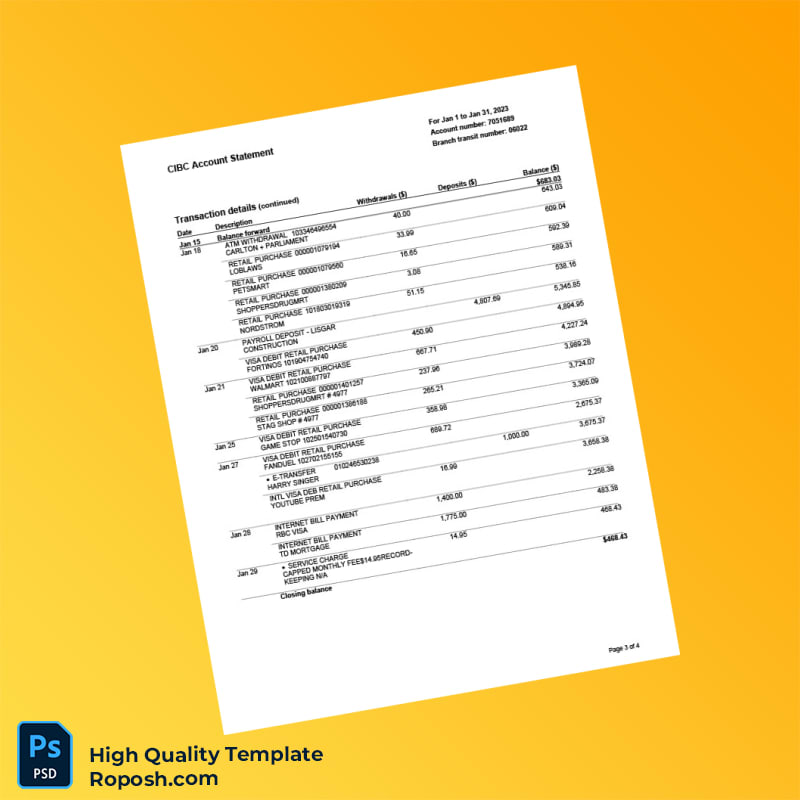 Canada CIBC Account Statement Template in Word and PDF formats 4 page Canada CIBC Account Statement Template in Word and PDF formats 4 page