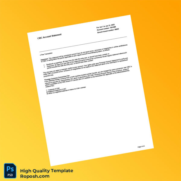 Canada CIBC Account Statement Template in Word and PDF formats 4 page