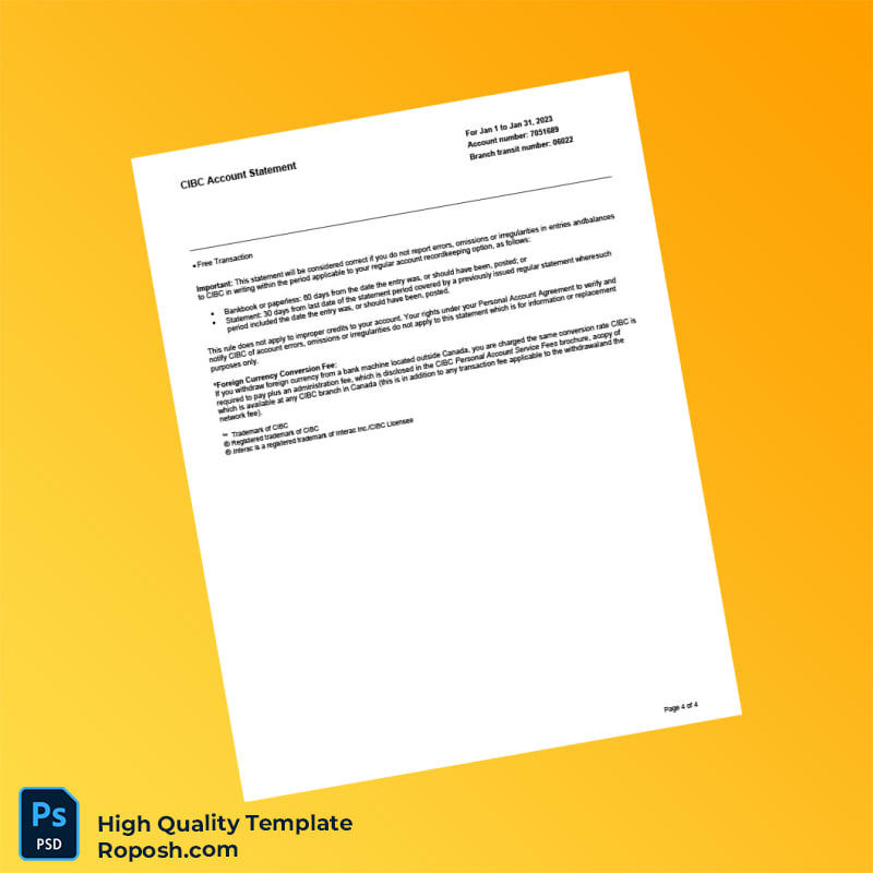 Canada CIBC Account Statement Template in Word and PDF formats 4 page Canada CIBC Account Statement Template in Word and PDF formats 4 page