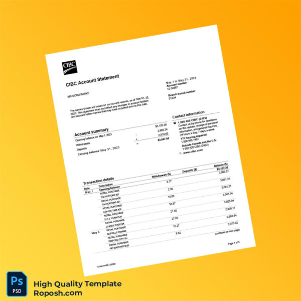 Canada CIBC Bank Statement Template in Word and PDF formats 5 page
