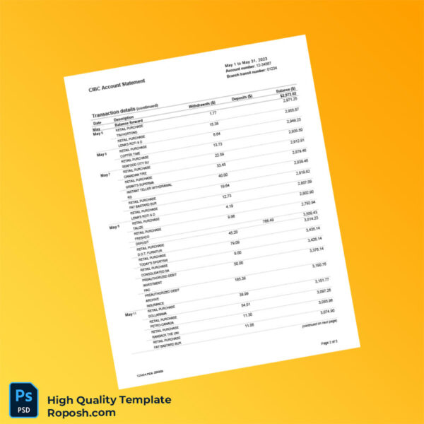 Canada CIBC Bank Statement Template in Word and PDF formats 5 page