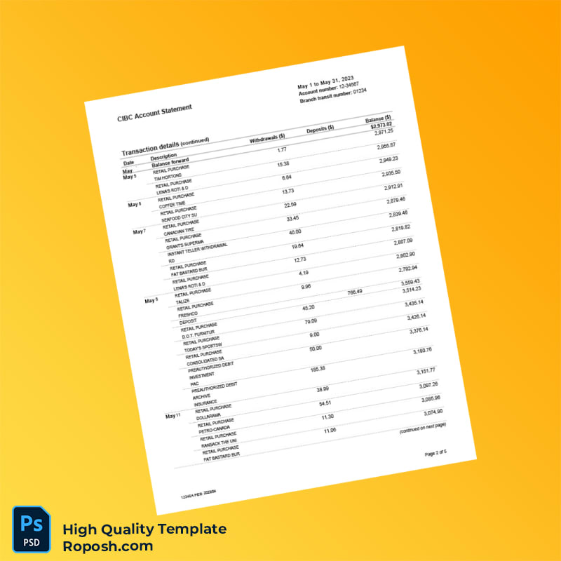 Canada CIBC Bank Statement Template in Word and PDF formats 5 page Canada CIBC Bank Statement Template in Word and PDF formats 5 page