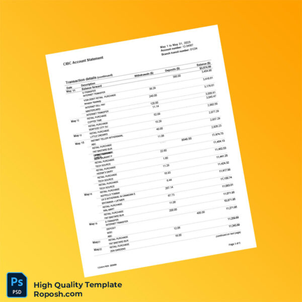 Canada CIBC Bank Statement Template in Word and PDF formats 5 page