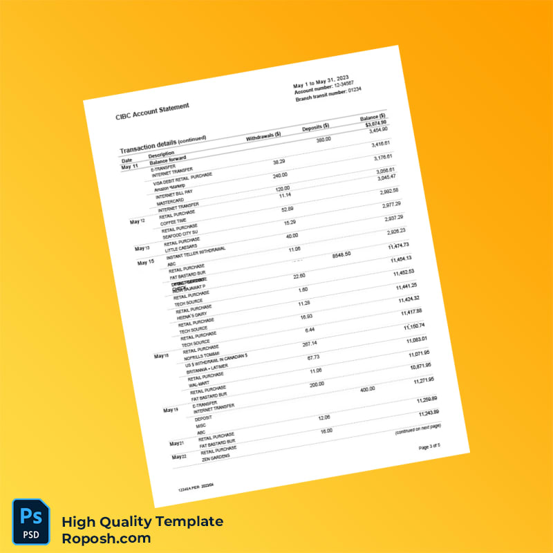 Canada CIBC Bank Statement Template in Word and PDF formats 5 page Canada CIBC Bank Statement Template in Word and PDF formats 5 page
