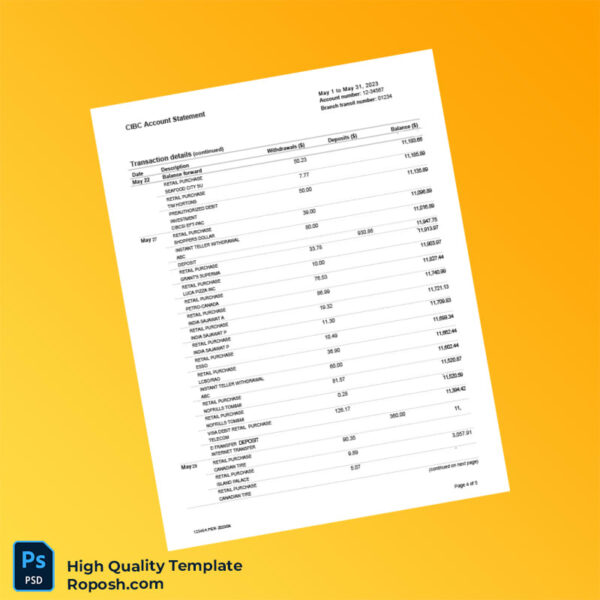 Canada CIBC Bank Statement Template in Word and PDF formats 5 page