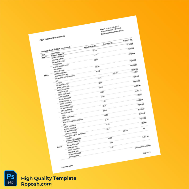 Canada CIBC Bank Statement Template in Word and PDF formats 5 page Canada CIBC Bank Statement Template in Word and PDF formats 5 page