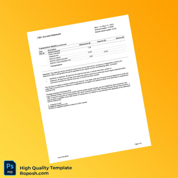 Canada CIBC Bank Statement Template in Word and PDF formats 5 page