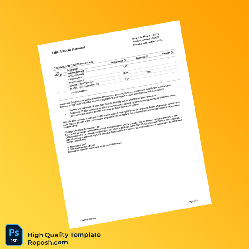 Canada CIBC Bank Statement Template in Word and PDF formats 5 page Canada CIBC Bank Statement Template in Word and PDF formats 5 page