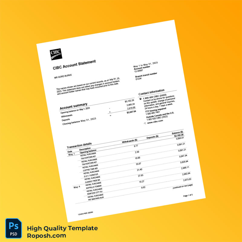 Canada CIBC Bank Statement Template in Word and PDF formats 5 page Canada CIBC Bank Statement Template in Word and PDF formats 5 page