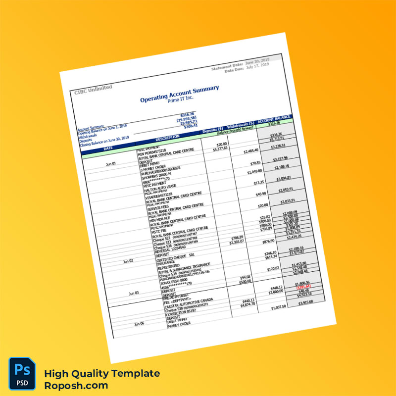 Canada CIBC Business Account Statement Template in Word and PDF formats 4 page Canada CIBC Business Account Statement Template in Word and PDF formats 4 page