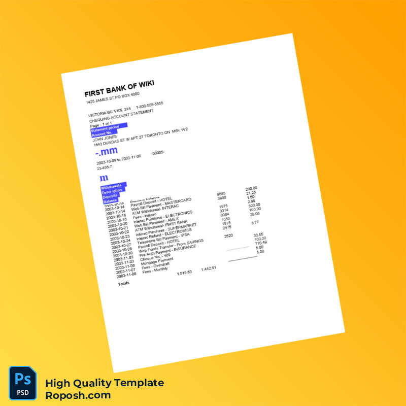 Canada Chequing Account Statement Template in Word and PDF formats 2 page Canada Chequing Account Statement Template in Word and PDF formats 2 page