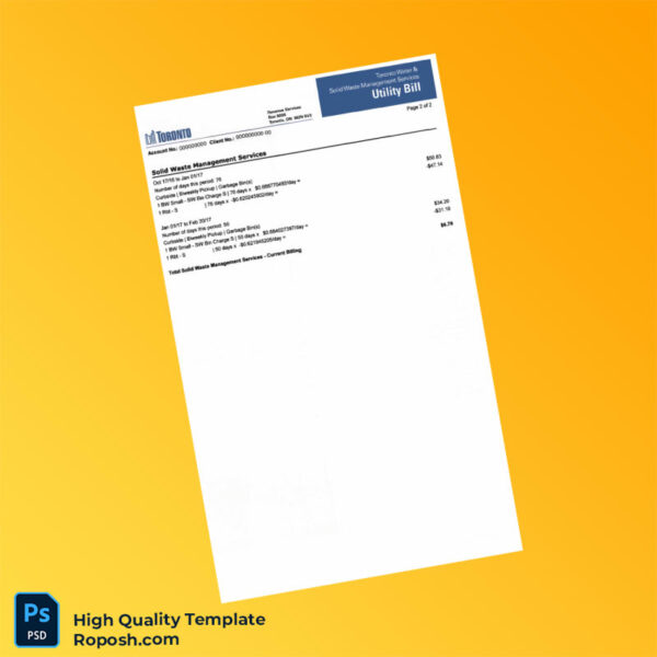 Canada City of Toronto Editable Water Bill Template in Word and PDF formats 3 page