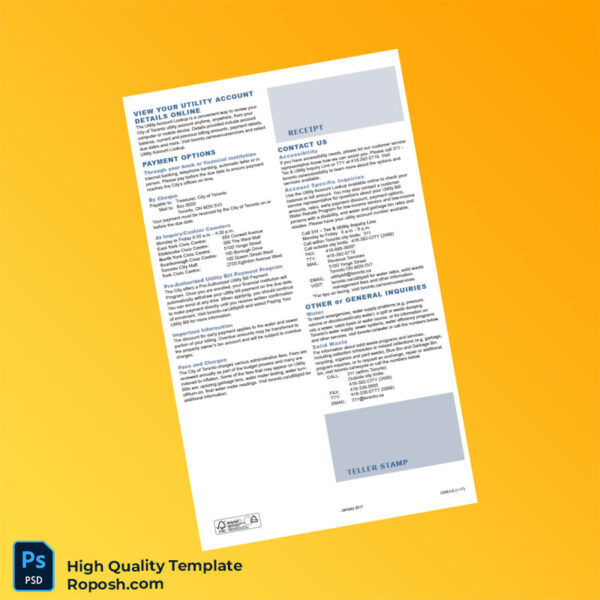 Canada City of Toronto Editable Water Bill Template in Word and PDF formats 3 page