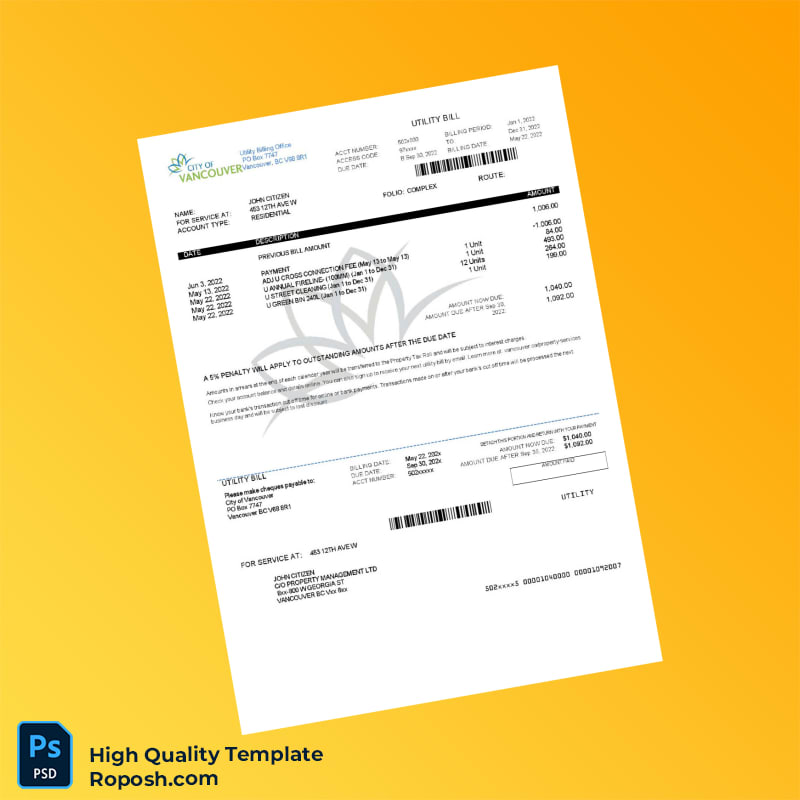 Canada City of Vancouver Editable Utility Bill Template in Word and PDF formats Canada City of Vancouver Editable Utility Bill Template in Word and PDF formats