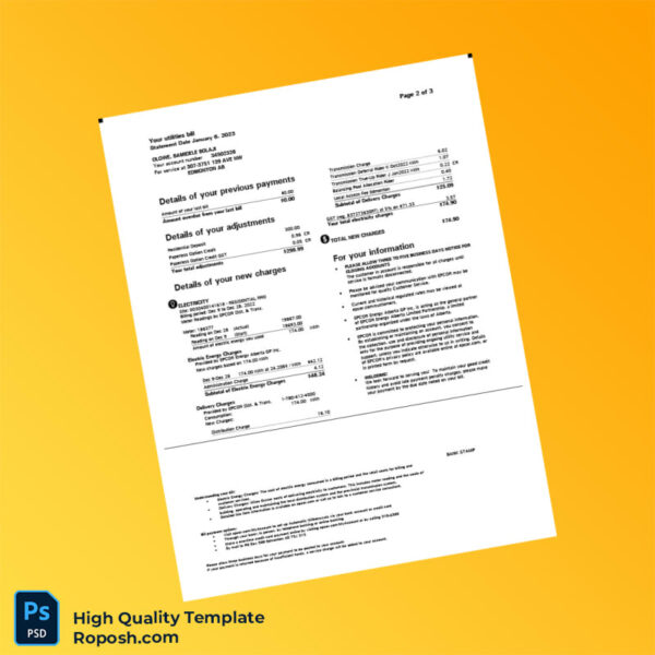 Canada EPCOR Editable Electricity Bill Template in Word and PDF formats 3 page