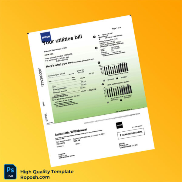 Canada EPCOR Editable Utility Bill Template in Word and PDF formats 3 page