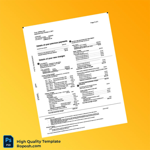Canada EPCOR Editable Utility Bill Template in Word and PDF formats 3 page