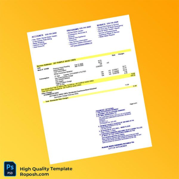 Canada Kitchener Utilities Editable Utility Bill Template in Word and PDF formats 2 page