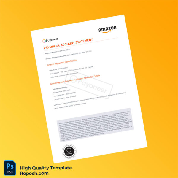 Canada Payoneer Account Statement Template in Word and PDF formats