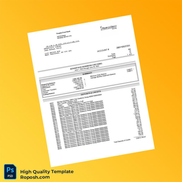 Canada PeoplesTrust Bank Business Account Statement Template in Word and PDF formats
