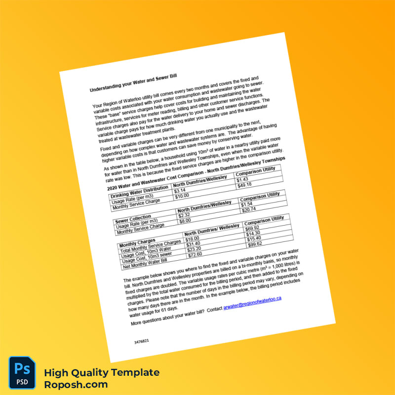Canada Region of Waterloo Editable Water Bill Template in Word and PDF formats 2 page Canada Region of Waterloo Editable Water Bill Template in Word and PDF formats 2 page