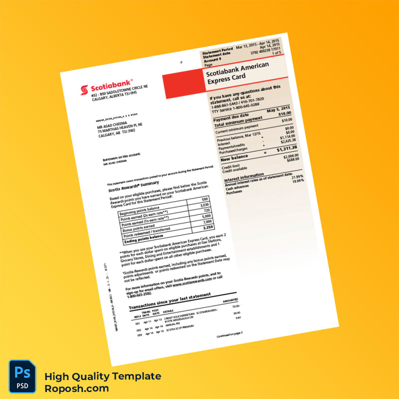 Canada Scotiabank Credit Card Statement Template in Word and PDF formats 6 page Canada Scotiabank Credit Card Statement Template in Word and PDF formats 6 page