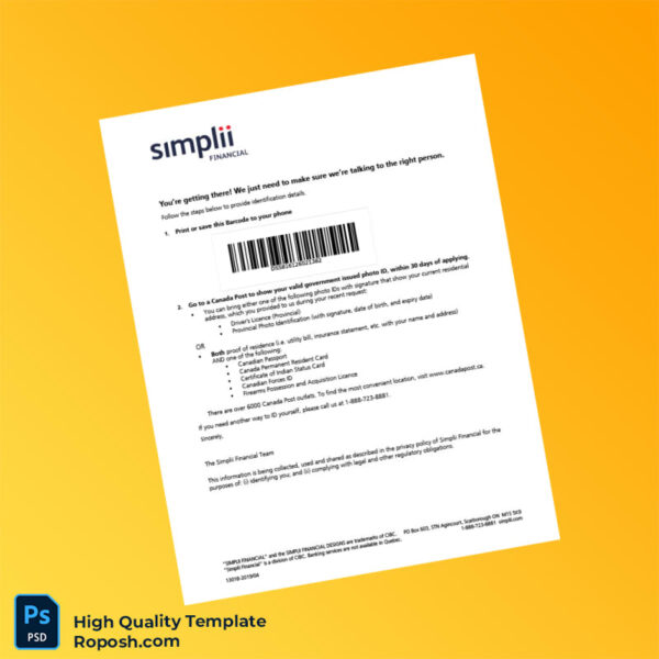 Canada Simpli Financial Editable Identity Verification Instructions Template in Word and PDF formats