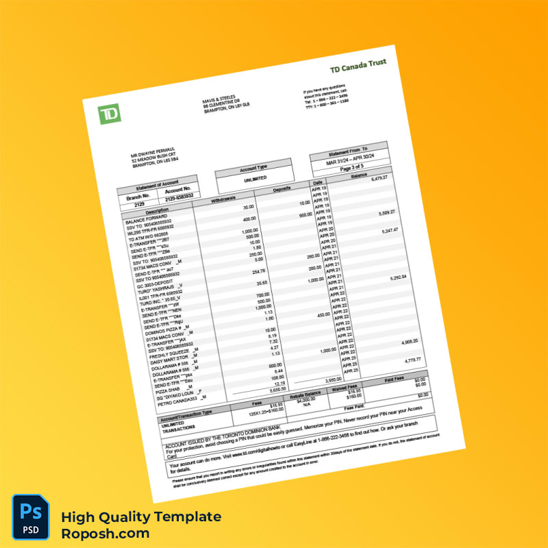 Canada TD Canada Trust Bank Statement Template in Word and PDF formats 5 page Canada TD Canada Trust Bank Statement Template in Word and PDF formats 5 page