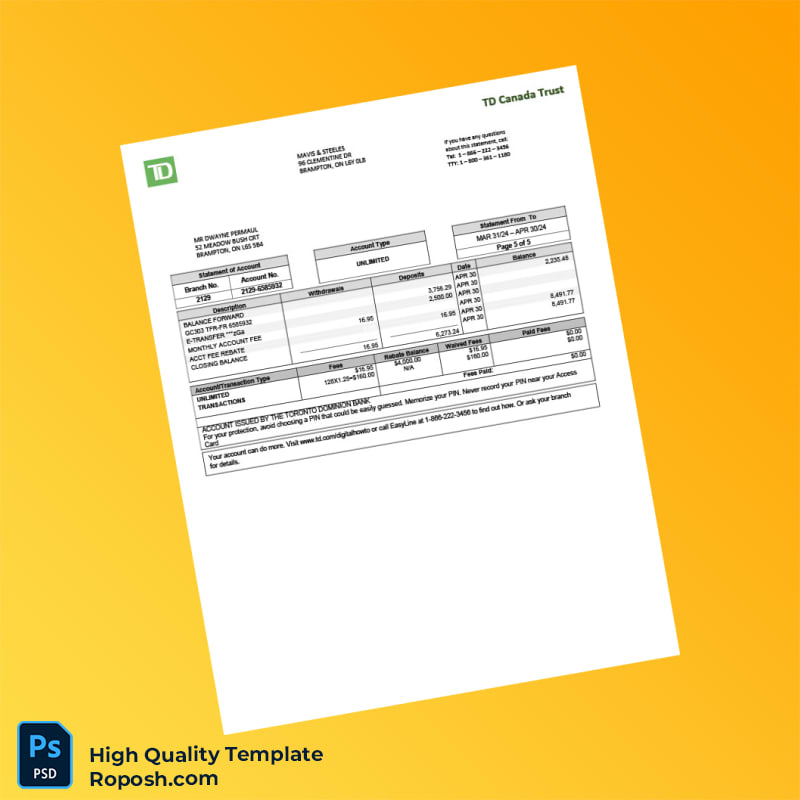 Canada TD Canada Trust Bank Statement Template in Word and PDF formats 5 page Canada TD Canada Trust Bank Statement Template in Word and PDF formats 5 page
