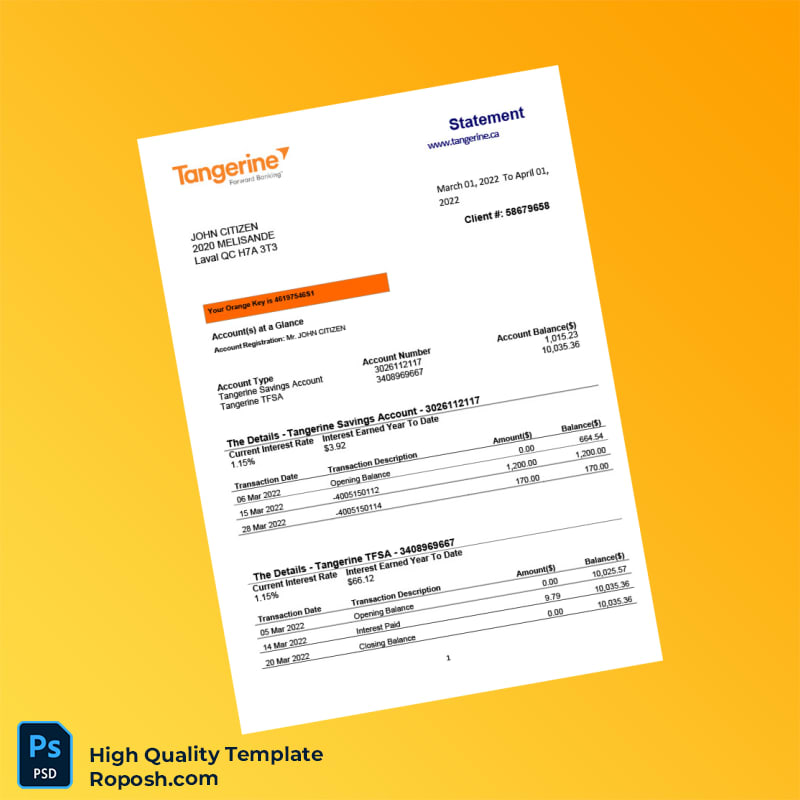 Canada Tangerine Bank Statement Template in Word and PDF formats 2 page Canada Tangerine Bank Statement Template in Word and PDF formats 2 page