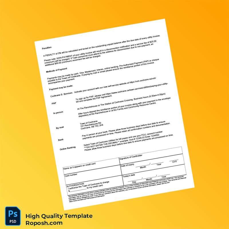 Canada Town of Cochrane Editable Water Bill Template in Word and PDF formats 2 page Canada Town of Cochrane Editable Water Bill Template in Word and PDF formats 2 page